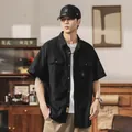Men's black short sleeve cargo shirt with multi-pocket Japanese retro style for summer - M / Tops / Black