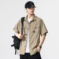 Men's vintage khaki short sleeve multi-pocket work shirt for casual summer style - M / Tops / Khaki