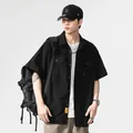 Men's black short-sleeve cargo shirt in Japanese retro style with multi-pockets - M / Tops / Black