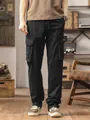 Professional studio shot of men's loose fit straight-leg black cargo pants with multi-pockets - 28 / Bottoms / Black