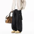 Fashionable men's black multi-pocket straight-leg cargo pants in a relaxed casual streetwear fit - S / Bottoms / Black