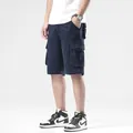 Men's navy blue loose cargo shorts with multi-pockets in a casual Korean streetwear style - Dark Blue