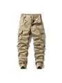Men's khaki multi-pocket cargo pants with drawstring waist and elastic jogger cuffs. - 28 / Bottoms / Khaki
