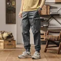 Japanese retro grey cargo pants with multi-pockets and elasticated cuffs for men - 28 / Bottoms / Gray