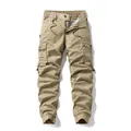 Men's khaki multi-pocket cargo pants with elastic drawstring waist and cuffed ankles - 28 / Bottoms / Khaki