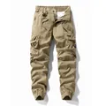 Retro men's khaki cargo pants with multi-pockets and elastic cuffs - 28 / Bottoms / Khaki