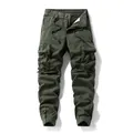 Men's retro olive green cargo pants with multiple pockets, drawstring waist and joggers - 28 / Bottoms / Army Green