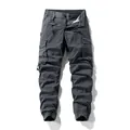 Men's multi-pocket cargo pants in dark grey with elastic waist and jogger cuffs - 28 / Bottoms / Gray
