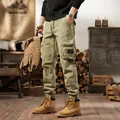 Men's American vintage army green outdoor multi-pocket cargo jogger pants style 8555 - 28 / Bottoms / Khaki