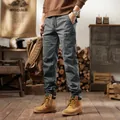 Men's American retro dark grey cargo joggers with multi-pockets and drawstring waist - 28 / Bottoms / Gray
