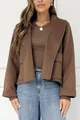 Detailed view of women's brown cropped wool coat featuring wide lapels and ribbed cuffs - S / Tops / Coffee