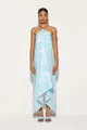 Full-length view of a printed satin halter maxi dress with an asymmetric hemline - S / Light Blue