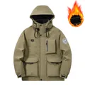 Warm winter men's hooded fleece jacket in olive green utility outdoor style for men - M / Tops / Khaki