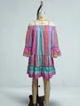 Colorful striped off-the-shoulder dress with flared sleeves on a display mannequin - S / Top And Bottom / Pale Blue