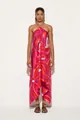 Detailed view of vibrant red swirl print on a satin halter dress with an asymmetrical hem - S / Red