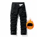 Men's retro black fleece-lined cargo pants with multiple pockets for outdoor outdoor hiking - 29 / Bottoms / Black