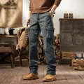 Men's American retro charcoal grey multi-pocket cargo pants in a rustic outdoor workshop - 29 / Bottoms / Gray