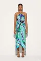 Detail view of a vibrant floral satin halter midi dress with a unique irregular hem. - S / Green