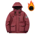 Burgundy men's casual hooded jacket with warm fleece lining and utility pockets - M / Tops / Brick Red
