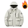 Men's light gray fleece-lined hooded jacket with utility pockets for winter - Off White