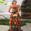 Robe longue bustier élégante à imprimé abstrait idéale pour les soirées ou les vacances - S / Multicolore