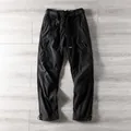 Loose-fit men's black straight cargo pants featuring multi-pockets and a tactical belt - 2XL (80-90kg) / Bottoms / Black (Winter Fleece)