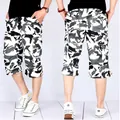 Men's summer loose fit camouflage cargo shorts with multi-pockets in grey and white. - White Camo