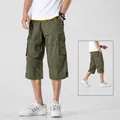 Men's loose cotton cargo shorts in army green 3/4 length style - S / Bottoms / Army Green