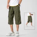 Men's loose cotton cargo shorts in army green 3/4 length style - S / Bottoms / Army Green