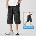 Men's loose black camouflage cotton cargo shorts with a breathable 7-point length design - Black Camo