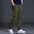 Lockere olivgrüne Cargo-Arbeitshose für Herren mit mehreren Taschen und geradem Schnitt - 2XL / Unterteile / Klettverschluss Mittelschwer / Armeegrün