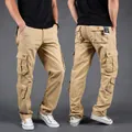 Durable khaki cotton cargo pants for men featuring multiple pockets and a loose straight fit - 29 / Bottoms / Khaki