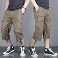 Men's casual loose khaki cargo capri pants made of pure cotton fabric for summer - Military Yellow