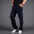Men's multi-pocket cotton cargo pants in royal blue, loose fit straight leg design - Sapphire Blue