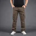 Loose-fit men's cotton cargo pants in brown with multi-pocket design for outdoor wear - Coffee