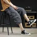 Men's loose grey cargo 3/4 shorts for summer, casual lightweight multi-pocket design - 4XL / Bottoms / Gray