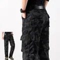 Durable men's camouflage cargo pants featuring multi-pockets and a loose straight leg fit - 29 / Bottoms / Black Camouflage