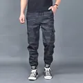 Streetwear men's dark camouflage cargo joggers with elastic cuffs and multi-pockets - M / Bottoms / Black Camo