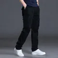 Men's winter fleece-lined cargo pants loose fit straight leg cotton trousers - S / Bottoms / Black