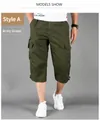 Army green men's cargo cropped pants with multi-pockets and drawstring hem details - M / Bottoms / Army Green
