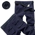 Men's loose navy blue cargo pants with functional multi-pockets and black woven belt accessory - 29 / Bottoms / Navy Blue (8 Pockets)