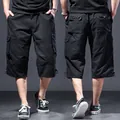 Premium men's loose fit 3/4 length cargo shorts in black with multi-pockets design - S / Bottoms / Black