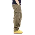 Side view of olive green cotton cargo pants with multiple functional pockets - Military Yellow