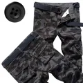 Men's camouflage cargo pants with multiple pockets and woven belt in grey camo pattern - 29 / Bottoms / Black Camo (8 Pockets)
