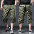 Casual men's loose army green cargo shorts with multi-pocket design in 7-length - S / Bottoms / Army Green