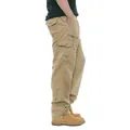 Detailed side view of khaki cotton cargo pants for men featuring multi-pocket design - M / Bottoms / Khaki