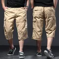 Men's loose khaki cargo shorts with multi-pockets in 3/4 length, casual outdoor style - S / Bottoms / Khaki