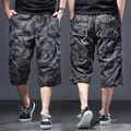 Men's loose camouflage cargo capris with multi-pocket design for casual summer outfit - Black Camo