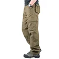 Loose multi-pocket khaki cargo pants for men with straight-leg workwear design - Military Yellow