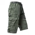 Professional men's dark green cotton cargo shorts with multi utility pockets and belt - M / Bottoms / Army Green